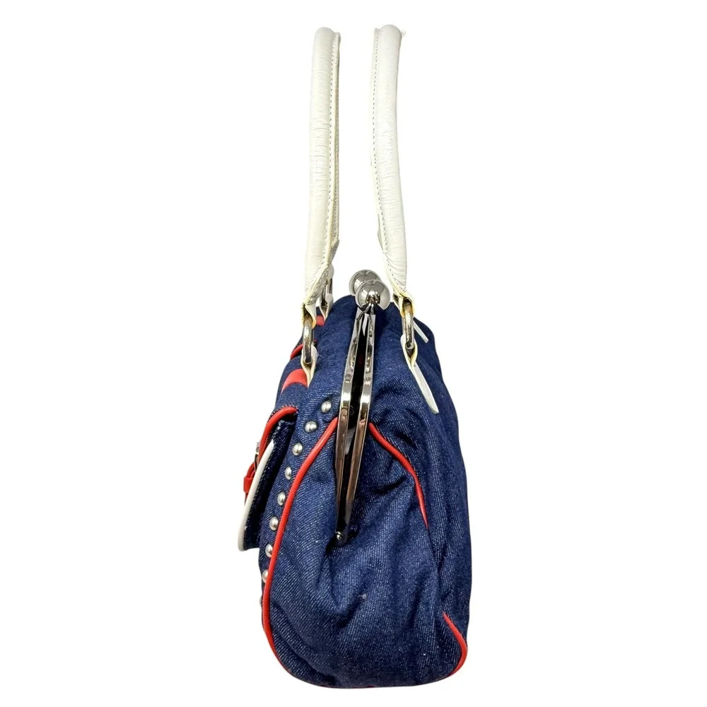 Euro Wellness Women's Purse Y2K Denim Red White Blue Studded Kiss‎ Lock